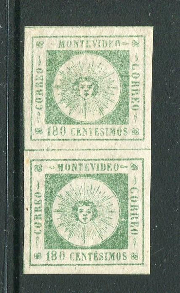 URUGUAY - 1859 - CLASSIC ISSUES: 180c pale green 'Montevideo' SUN issue, thin figures of value, a fine mint vertical pair, large margins all round. (SG 12a)  (URU/2516)