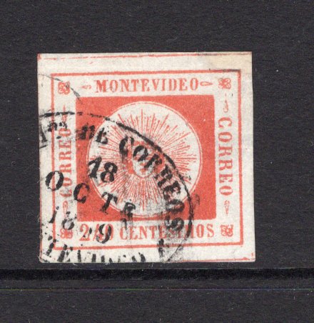 URUGUAY - 1859 - CLASSIC ISSUES: 240c vermilion 'Montevideo' SUN issue, thin figures of value, a fine lightly used copy with oval MONTEVIDEO cancel dated 18 OCT 1859, four huge margins. (SG 13)  (URU/26172)