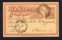 URUGUAY - 1909 - CANCELLATION & SWISS COLONY: 3c brown on buff postal stationery reply card, message half only (H&G 49) used with fine strike of CORREOS Y TELEGFOS N. HELVECIA 'F19' cds of the Swiss Colony in Uruguay. Addressed to GERMANY with arrival marks on front.  (URU/26882)