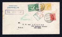 URUGUAY - 1930 - ZEPPELIN: Printed 'PRIMER VUELO ZEPPELIN' cover franked with 1928 5c scarlet 'Artigas and 10c yellow green and 40c yellow 'Albatross' AIR issue (SG 548, 569 & 573) tied by MONTEVIDEO cds's dated 21. V 1930. Flown on the first 'Sudamerikafahrt' with triangular 'PRIMER VUELO SUDAMERICANO ZEPPELIN URUGUAY' cachet in green and boxed 'POR ZEPPELIN'. Addressed to USA with LAKEHURST 'Zeppelin' arrival mark in green on reverse.  (URU/26898)