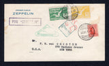 URUGUAY - 1930 - ZEPPELIN: Printed 'PRIMER VUELO ZEPPELIN' cover franked with 1928 5c scarlet 'Artigas and 10c yellow green and 40c yellow 'Albatross' AIR issue (SG 548, 569 & 573) tied by MONTEVIDEO cds's dated 21. V 1930. Flown on the first 'Sudamerikafahrt' with triangular 'PRIMER VUELO SUDAMERICANO ZEPPELIN URUGUAY' cachet in green and boxed 'POR ZEPPELIN'. Addressed to USA with LAKEHURST 'Zeppelin' arrival mark in green on reverse.  (URU/26898)