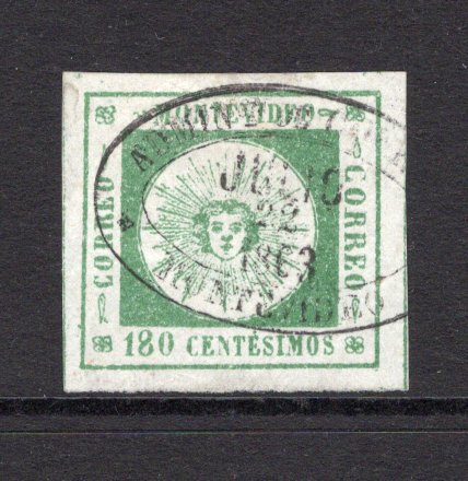URUGUAY - 1859 - CLASSIC ISSUES: 180c green 'Montevideo' SUN issue, thin figures of value, a fine used copy with complete strike of oval MONTEVIDEO cancel dated JUN 22 1863. Four large margins. (SG 12a)  (URU/30934)