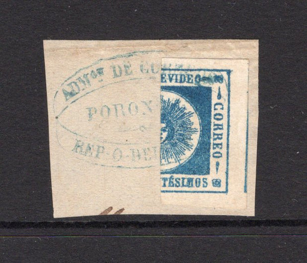 URUGUAY - 1860 - CLASSIC ISSUES, BISECT & CANCELLATION: 120c deep blue 'Montevideo' SUN issue, thick figures of value, vertically BISECTED and tied on piece by fine undated oval PORONGO cancel in blue. A rare bisect. Ex Moorhouse. (SG 18b)  (URU/30938)