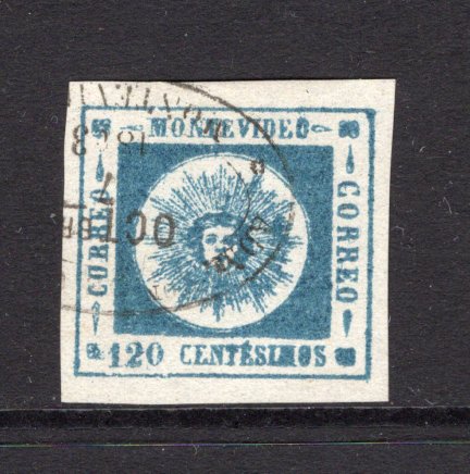 URUGUAY - 1860 - CLASSIC ISSUES: 120c deep blue 'Montevideo' SUN issue, thick figures of value, a fine lightly used copy, four large margins. (SG 18b)  (URU/30940)