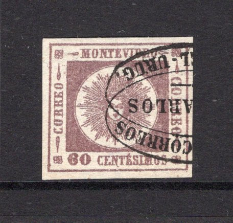 URUGUAY - 1860 - CLASSIC ISSUES & CANCELLATION: 60c deep brown lilac 'Montevideo' SUN issue, fine Impression, thick figures of value, a superb used copy with part strike of undated oval SAN CARLOS cancel in black. Four margins. (SG 14a)  (URU/30946)