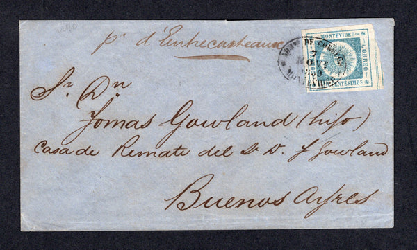 URUGUAY - 1859 - CLASSIC ISSUES: Cover franked with 1859 120c blue 'Montevideo' SUN issue, thin figures of value (SG 11) with four good to large margins tied by oval MONTEVIDEO cancel dated 7 NOV 1859. Addressed to BUENOS AIRES, ARGENTINA conveyed across the River Plate by ship with manuscript 'Pr d'Puntecasteaux' ship endorsement on front.  1992 BPA certificate accompanies.  (URU/30968)