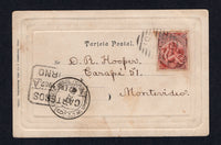 URUGUAY - 1902 - TRAVELLING POST OFFICES: Black & white PPC 'Plaza Constitucion Montevideo' franked on message side with 1900 2c vermilion (SG 231, some toned perfs) tied by barred numeral 'F 57' with fine strike of ESTAFETA AMBUTE 'G 20' cds alongside dated 1 JAN 1902. Addressed to MONTEVIDEO with boxed CARTEROS arrival mark on front.  (URU/30976)