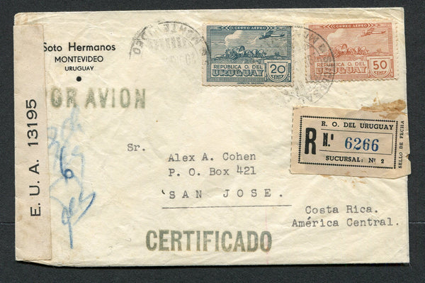 URUGUAY - 1943 - REGISTRATION & CENSORED MAIL: Registered cover franked with 1939 20c slate blue and 50c brown orange 'La carreta' AIR issue (SG 817 & 821) tied by MONTEVIDEO cds's dated 29 DEC 1942 with printed registration label alongside. Addressed to COSTA RICA, censored with printed black on white 'ABIERTA POR CENSURA DEFENSA CONTINENTAL E.U.A. 13195' censor strip at left. BALBOA CANAL ZONE transit cds on reverse.  (URU/30982)