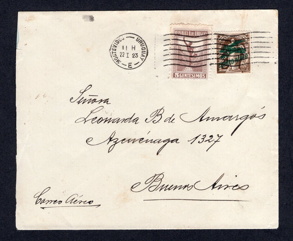 URUGUAY - 1923 - PIONEER AIRMAILS: Cover with manuscript 'Correo Aereo' on front franked with 1921 5c brown and 1921 25c brown 'CORREO AEREO' airplane overprint issue with overprint in green (SG 387 & 377) tied by MONTEVIDEO cds dated 22 JAN 1923. Flown on the Special Montevideo - Buenos Aires, Argentina flight commemorating Shirley Kingsley, the winner of the air race between the two countries. Arrival marks on reverse. Rare. (Muller #6b, only 185 covers carried)  (URU/30986)