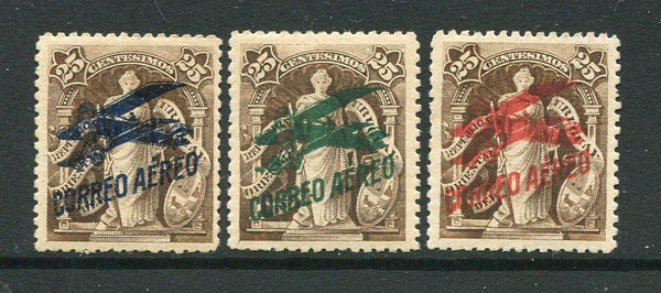 URUGUAY - 1921 - AIRMAILS: 'Correo Aereo' AIRPLANE overprint issue the set of three fine mint. (SG 375/377)  (URU/30992)