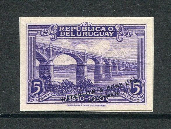 URUGUAY - 1930 - PROOF: 5m bright violet 'Centenary of Independence' issue, imperf 'Waterlow' COLOUR TRIAL in unissued colour mounted on card with 'Waterlow & Sons Ltd SPECIMEN' overprint in black. (SG 639)  (URU/31141)