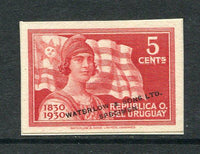 URUGUAY - 1930 - PROOF: 5c red 'Centenary of Independence' issue, imperf 'Waterlow' COLOUR TRIAL in unissued colour mounted on card with 'Waterlow & Sons Ltd SPECIMEN' overprint in black. (SG 643)  (URU/31142)