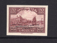 URUGUAY - 1930 - PROOF: 20c claret 'Centenary of Independence' issue, imperf 'Waterlow' COLOUR TRIAL in unissued colour mounted on card with 'Waterlow & Sons Ltd SPECIMEN' overprint in black. (SG 647)  (URU/31146)