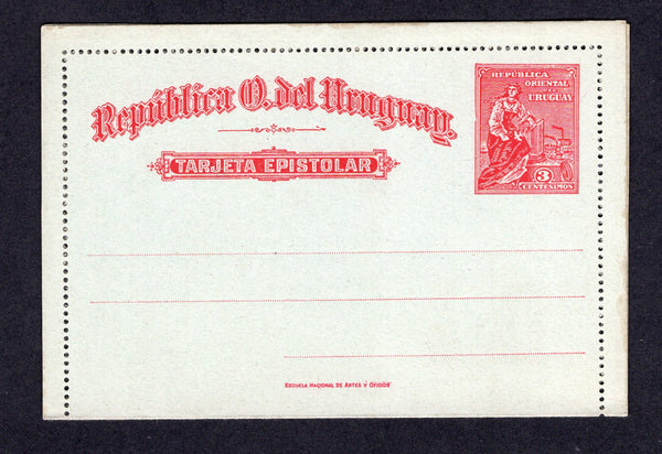 URUGUAY - 1911 - POSTAL STATIONERY: 3c carmine on light blue 'Train' postal stationery lettercard (H&G A12) local printing with 'Escuela National' imprint. Fine unused.  (URU/31682)