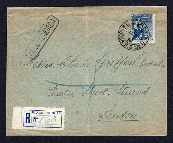 URUGUAY - 1914 - REGISTRATION: Registered cover franked with single 1910 23c dull blue 'Train' issue (SG 303) tied by fine CORREO ROCHA cds dated 3 JUN 914 with printed blue on white formula registration label with manuscript 'Rocha' inserted by hand and boxed 'RECOMENDADA' marking in black. Addressed to UK with arrival marks on reverse.  (URU/31683)