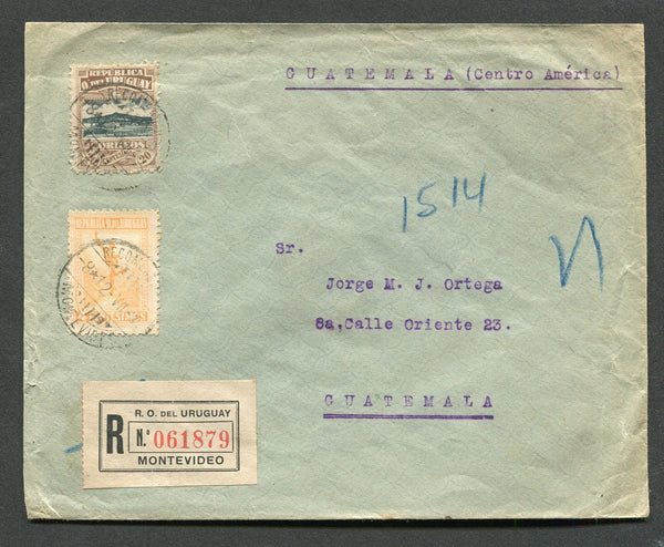 URUGUAY - 1922 - REGISTRATION, DESTINATION & ROUTING: Registered cover franked with 1919 20c grey & brown and 1921 4c yellow (SG 355 & 385) tied by RECOMENDADA MONTEVIDEO cds's dated 8. 12. 1922 with printed 'MONTEVIDEO' registration label alongside. Addressed to GUATEMALA with BARBADOS R.L.O. transit cds dated AUG 22 and boxed TRANSITO COLON 'R' marking dated 4 SEP and TRANSITO PANAMA 'R' marking dated 5 DEP all on reverse with feint GUATEMALA arrival cds. Unusual to be routed via Barbados.  (URU/31684)