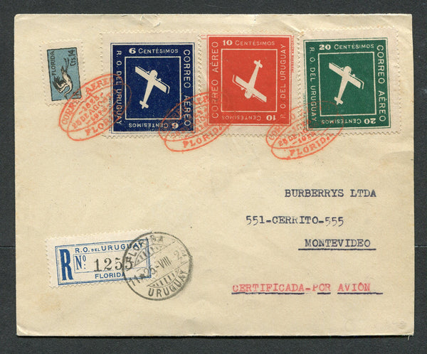 URUGUAY - 1925 - FIRST FLIGHT: Registered cover franked with 1924 'Square' AIRMAIL issue set of three plus the 1925 14c black & blue 'Florida' AIR issue (SG 436/438 & 473) tied by oval CORREO AEREO 1825 25 DE AGOSTO 1925 FLORIDA cancels in red with printed 'FLORIDA' registration label tied by FLORIDA cds dated 25 VIII 1925 alongside. Flown on the FLORIDA - MONTEVIDEO first flight, addressed to MONTEVIDEO with arrival marks on reverse. (Muller #12a, rated 1500pts)  (URU/31686)