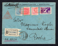 URUGUAY - 1926 - FIRST FLIGHT: Registered cover franked with 1924 8c rosine, 1925 2c rose & 5c pale blue 'Lapwing' issue and 1926 25c bright violet 'Albatross' issue (SG 455, 478, 480 & 498) tied by oval SERVICIO AEREO MONTEVIDEO first flight cancels in red with CENTRO NACIONAL DE AVIACION SERVICIO AEREO MONTEVIDEO - ROCHA - MCMXXVI 'Triangular' first flight cachet alongside. Flown on the MONTEVIDEO - ROCHA flight of 29th of March (a date not recorded in Muller). Addressed to ROCHA with arrival cds on reve