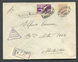 URUGUAY - 1926 - FIRST FLIGHT: Registered cover franked with 1924 15c mauve 'Lapwing' issue and 1926 25c bright violet 'Albatross' issue (SG 458 & 498) tied by oval SERVICIO AEREO ROCHA first flight cancels in black with boxed 'RECOMENDADA' and plain registration label and CENTRO NACIONAL DE AVIACION SERVICIO AEREO ROCHA - MONTEVIDEO MCMXXVI 'Triangular' first flight cachet alongside. Flown on the ROCHA - MONTEVIDEO first flight of the 15th March. Addressed to MONTEVIDEO with arrival marks on reverse