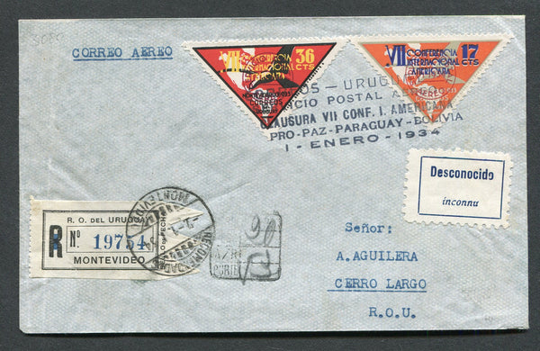 URUGUAY 1934 FIRST FLIGHT: Reg cover with 1934 17c red, blue and grey and 36c scarlet, yellow & black TRIANGULAR issue tied by 'CORREOS - URUGUAY SERVICIO POSTAL AEREO CLAUSURA VII CONF. I. AMERICANA PRO-PAZ-PARAGUAY-BOLIVIA 1 - ENERO - 1934' cachet in black with printed MONTEVIDEO registration label tied by MONTEVIDEO cds alongside. Flown on the 'Montevideo - Maldonado - Lavalleja - Rocha - Treinta y Tres - Cerro Largo' first flight. Addressed to CERRO LARGO with MELO arrival cds on reverse