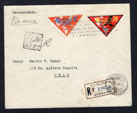 URUGUAY - 1934 - FIRST FLIGHT: Registered cover franked with 1934 17c red, blue and grey and 36c scarlet, yellow & black 'Closure of the 7th Pan American Conference' TRIANGULAR issue (SG 714/715) tied by 'CORREOS - URUGUAY SERVICIO POSTAL AEREO CLAUSURA VII CONF. I. AMERICANA PRO-PAZ-PARAGUAY-BOLIVIA 1 - ENERO - 1934' cachet in black with printed MONTEVIDEO registration label tied by MONTEVIDEO cds dated 31 XII 1933 alongside. Flown on the 'Montevideo - Maldonado - Lavalleja - Rocha - Treinta y Tres - Cerr