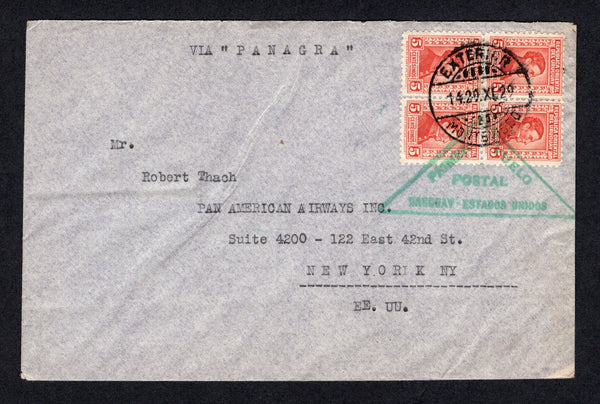 URUGUAY - 1929 - FIRST FLIGHT: Cover with typed 'VIA PANAGRA' at top franked with block of four 1928 5c scarlet 'Artigas' issue (SG 548) tied by MONTEVIDEO cds dated 29 XI. 1929. Flown on the Montevideo - Buenos Aires - Santiago - Miami first flight with triangular 'PRIMER VUELO POSTAL URUGUAY - ESTADOS UNIDOS' first flight cachet in green. Addressed to USA. Two tape marks on reverse. (Muller #31)  (URU/31702)