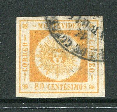 URUGUAY - 1859 - CLASSIC ISSUES: 80c orange 'Montevideo' SUN issue, thin figures of value, a fine used copy with part MONTEVIDEO oval cancel in black, four large margins. (SG 9a)  (URU/31915)