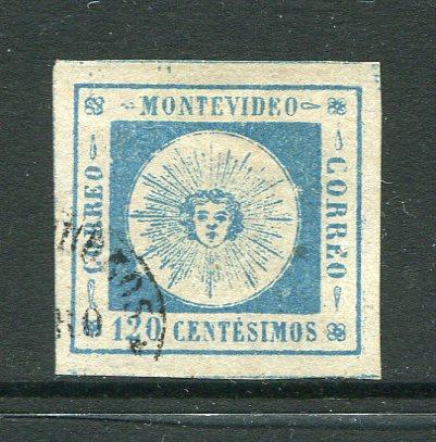 URUGUAY - 1859 - CLASSIC ISSUES: 120c blue 'Montevideo' SUN issue, thin figures of value, a fine used copy with small part oval MONTEVIDEO cancel in black, four large margins. (SG 11)  (URU/31917)