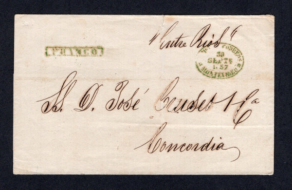 URUGUAY - 1857 - PRESTAMP: Stampless cover with fine strike of boxed ''FRANCO' and oval ADMON DE CORREOS MONTEVIDEO cancel dated 30 SEP 1857 both in green. Addressed to CONCORDIA, ARGENTINA, endorsed "Entre Rios" in manuscript (this was the ship that took the mail across the Mar de la Plata). The address panel has some ink burns but otherwise a fine item.  (URU/31960)