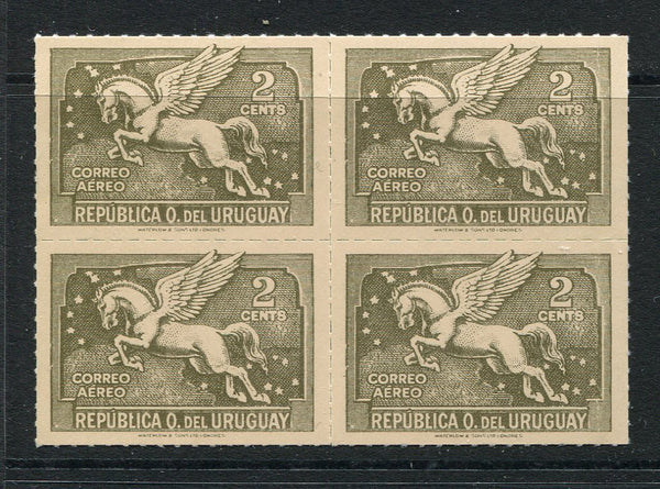 URUGUAY - 1930 - FORGERY: 2c bronze green 'Pegasus' issue, a very unusual FORGERY on thick glazed paper rouletted in a block of four. (As SG 660)  (URU/34178)