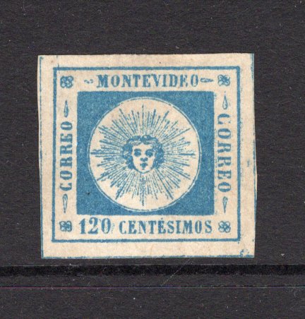 URUGUAY - 1859 - CLASSIC ISSUES: 120c blue 'Montevideo' SUN issue, thin figures of value showing double transfer on '120', a fine unused copy, four large margins. Superb. Ex E.J. Lee collection. (SG 11)  (URU/3433)