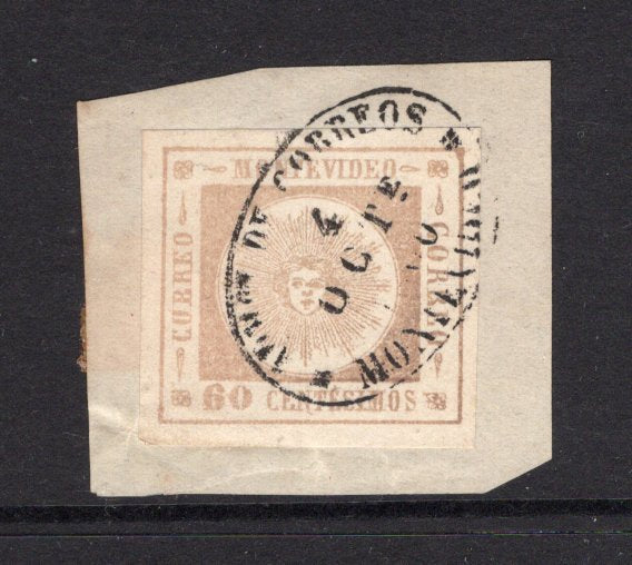 URUGUAY - 1860 - CLASSIC ISSUES: 60c pale brown lilac 'Montevideo' SUN issue, fine Impression, thick figures of value, a fine used copy four good to large margins tied on small piece by oval MONTEVIDEO cancel in black dated 4 OCT 1860. (SG 14)  (URU/3437)