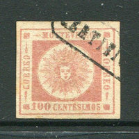 URUGUAY - 1860 - CLASSIC ISSUES: 100c rose 'Montevideo' SUN issue, thick figures of value, a fine used copy with part boxed CERTIFICADA cancel in black, four good margins. (SG 17b)  (URU/3447)