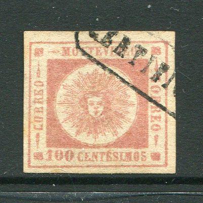 URUGUAY - 1860 - CLASSIC ISSUES: 100c rose 'Montevideo' SUN issue, thick figures of value, a fine used copy with part boxed CERTIFICADA cancel in black, four good margins. (SG 17b)  (URU/3447)