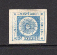 URUGUAY - 1860 - CLASSIC ISSUES: 120c pale blue 'Montevideo' SUN issue, thick figures of value, a fine unused copy, four large margins. (SG 18a)  (URU/3449)