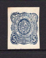 URUGUAY - 1876 - ESSAY: 5c slate blue on white paper WELKER ESSAY stamp, a very fine imperf copy, ungummed with four margins.  (URU/3465)