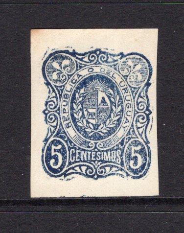 URUGUAY - 1876 - ESSAY: 5c slate blue on white paper WELKER ESSAY stamp, a very fine imperf copy, ungummed with four margins.  (URU/3465)