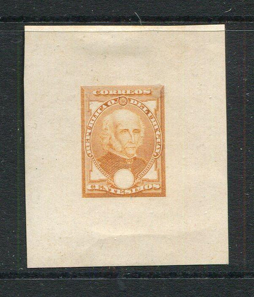 URUGUAY - 1895 - PROOF: 'General Artigas' UNISSUED Die Proof in orange with value tablet blank on paper by the 'South American Banknote Co.'. Fine & Scarce.  (URU/3475)