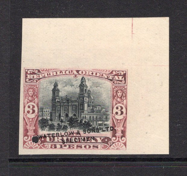 URUGUAY - 1895 - PROOF: 3p black & claret 'Montevideo Cathedral' issue a fine imperf WATERLOW COLOUR TRIAL in unissued colours with small hole punch & 'Waterlow & Sons Ltd SPECIMEN' overprint in black. (As SG 163)  (URU/34772)
