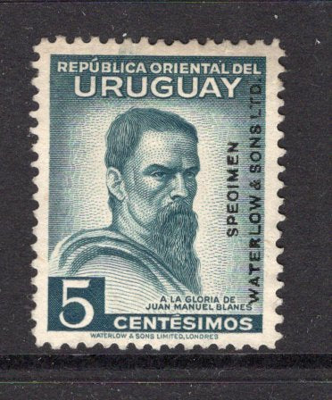 URUGUAY - 1941 - PROOF: 5c greenish blue 'Juan Manuel Blanes' issue a fine WATERLOW COLOUR TRIAL in unissued colour, perforated with 'Waterlow & Sons Ltd SPECIMEN' overprint in black. (SG 858)  (URU/3514)