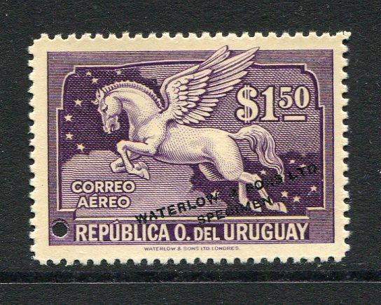 URUGUAY - 1929 - PROOF: $1.50 deep purple 'Pegasus' AIRMAIL issue a fine perforated WATERLOW COLOUR TRIAL on paper in unissued colour with small hole punch & 'Waterlow & Sons Ltd SPECIMEN' overprint in black. (SG 631)  (URU/3517)