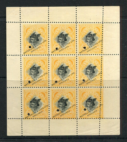 URUGUAY - 1895 - PROOF: 50c black & yellow 'Mercury' issue a fine WATERLOW COLOUR TRIAL SHEET OF NINE perforated in unissued colour (showing mis-perforation variety cutting through stamps in right hand column). Each stamp with small hole punch & 'Waterlow & Sons Ltd SPECIMEN' overprint in black. Fine & Scarce. (SG 160)  (URU/3523)