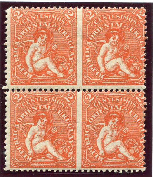 URUGUAY - 1904 - VARIETY: 2c orange red 'Cherub' issue a fine block of four IMPERF VERTICALLY creating two imperf between pairs fine mint. Signed 'Ciardi' on reverse. (SG 253 variety)  (URU/3569)