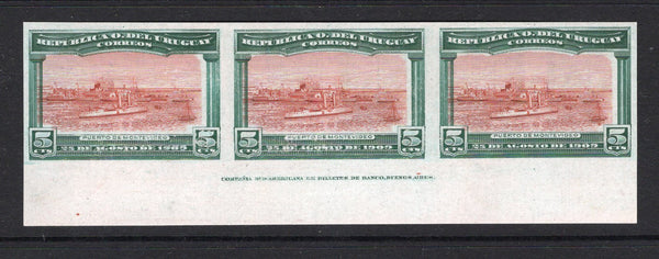 URUGUAY - 1909 - PROOF: 5c green & red brown 'Opening of Port of Montevideo' issue a fine bottom marginal IMPERF COLOUR TRIAL PROOF strip of three on thick card with 'Compania Sud-Americana de Billetes de Banco, Buenos Aires' IMPRINT in bottom margin. (SG 283)  (URU/3574)