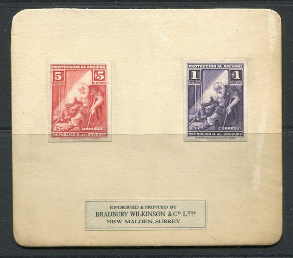 URUGUAY - 1930 - PROOF: 5c carmine & 1c violet 'Fund for Old People' Bradbury Wilkinson issue IMPERF IMPRIMATURS gummed and attached to a large sample card with 'Engraved & Printed by Bradbury Wilkinson & Co. Ltd New Malden, Surrey' inscription at base. Each stamp has 'B W ARCHIVES IMPRIMATUR' handstamped on reverse. A rare item. (SG 655 & 657)  (URU/3582)
