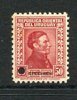 URUGUAY - 1928 - PROOF: 50c scarlet 'Artigas' WATERLOW issue a fine perforated COLOUR TRIAL in unissued colour, gummed with small hole punch and SPECIMEN overprint in black. (SG 563)  (URU/3587)