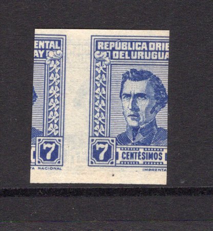 URUGUAY - 1940 - VARIETY: 7c blue 'Artigas' issue with 'Imprenta Nacional' imprint at bottom right, a fine IMPERF copy with variety PRINTED ON BOTH SIDES. (SG 843a)  (URU/3595)