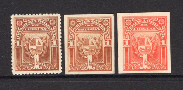 URUGUAY - 1889 - PROOF: 1c nice group of 'Waterlow' colour trials with perforated example in bistre brown, and imperf examples in bistre brown & bight orange. (SG 115)  (URU/3625)