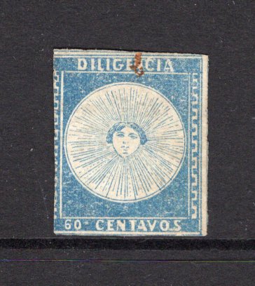 URUGUAY - 1856 - DILIGENCIA ISSUE: 60c blue 'Diligencia' issue, position 20, an unused example, three good margins cut into along left hand frame line. Small ink mark at top but otherwise a good example. 1955 Sociedad Filatelica Argentina certificate accompanies. (SG 1)  (URU/36702)