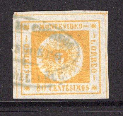 URUGUAY - 1859 - CLASSIC ISSUES: 80c orange yellow 'Montevideo' SUN issue, thin figures of value, a fine used copy with light strike of oval ARREDONDO cancel in blue green, four large margins. (SG 9)  (URU/36711)
